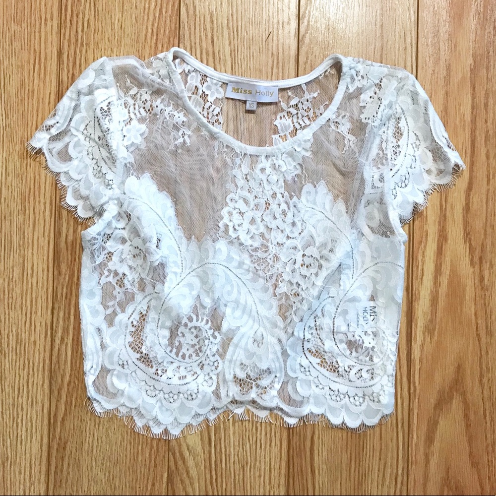 Miss Holly White Lace Short Sleeve Crop Top XS